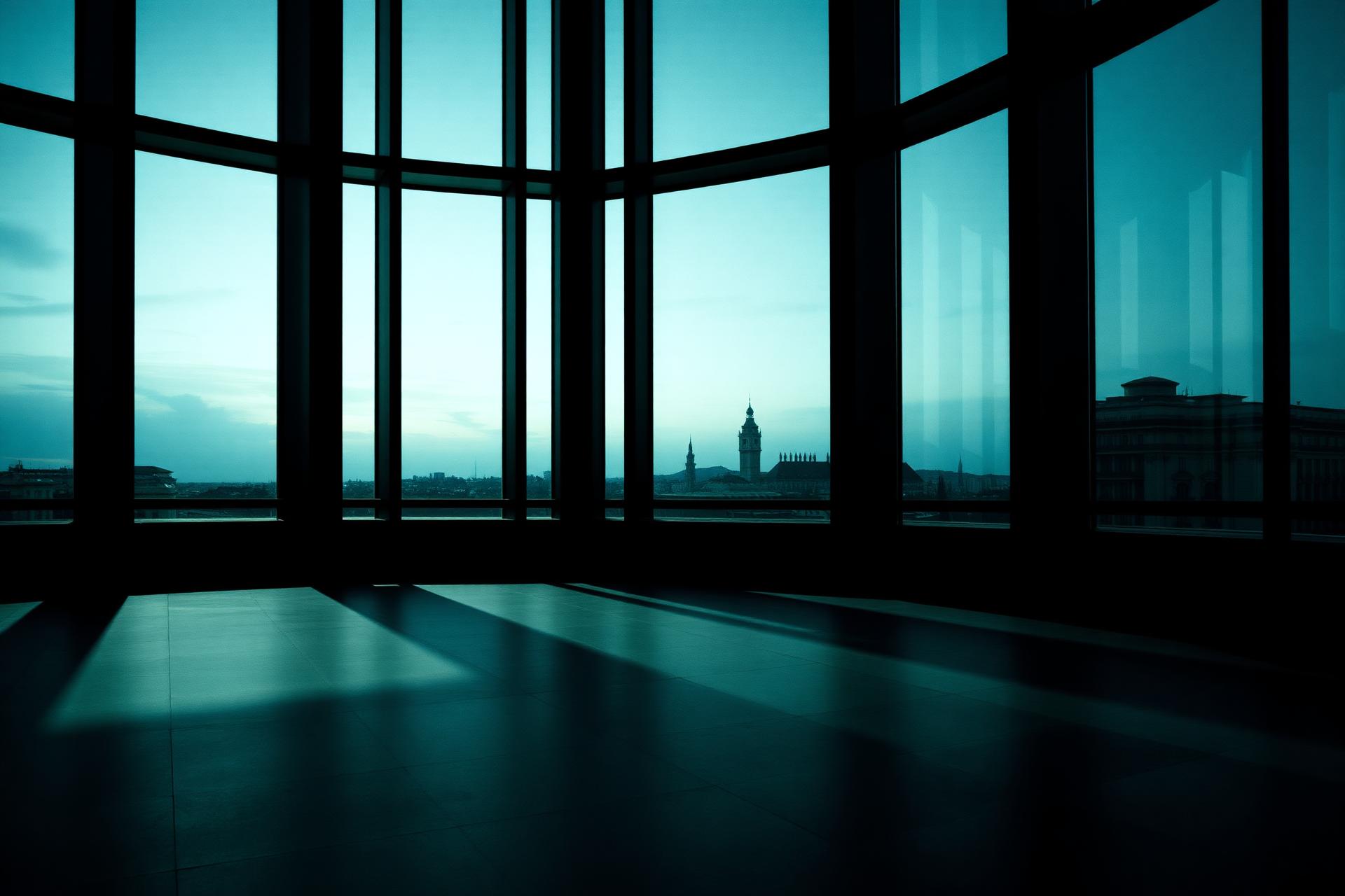 Dark modern architectural interior overlooking a European skyline at dusk
