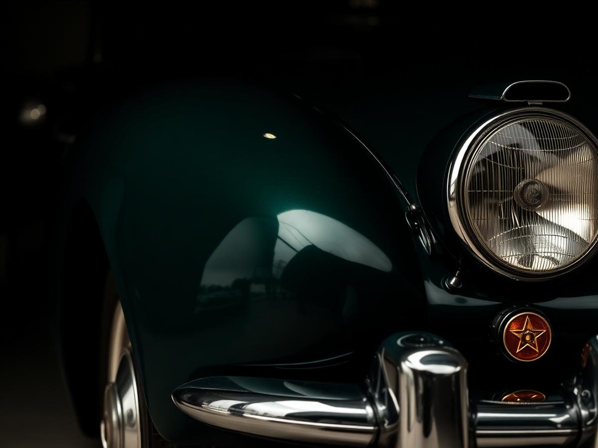 Close-up detail of a dark bottle green classic vintage sports car