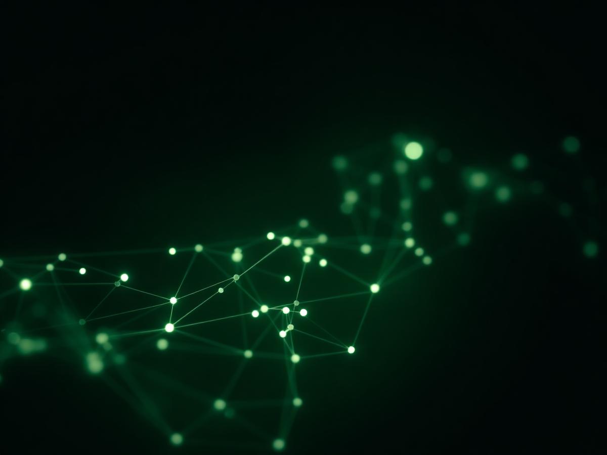 Abstract network of glowing nodes and light trails on deep green
