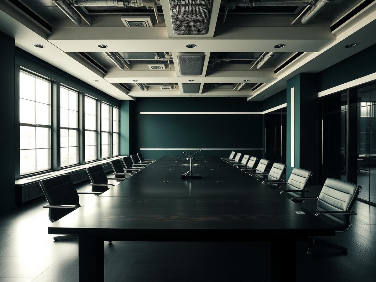 Empty modern boardroom with long dark table and tall windows