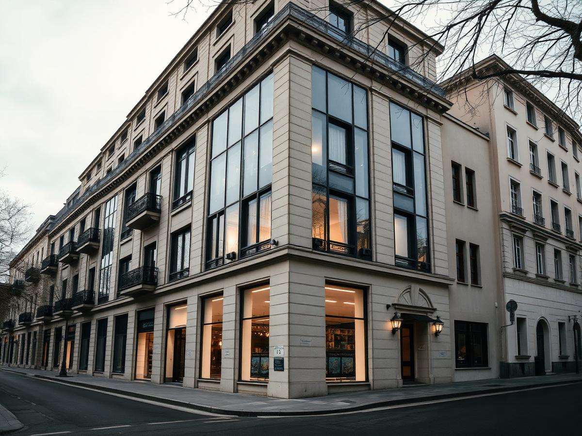 Modern European residential and commercial building facade at dusk
